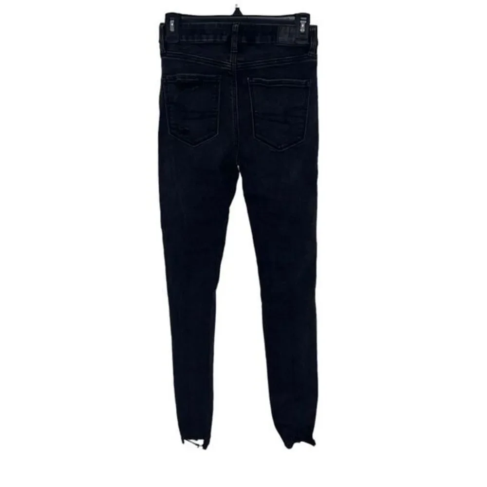 American Eagle Woman's Distressed Super Hi Rise Jegging Black Denim Jeans Size 2